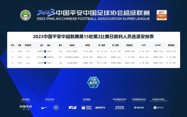 今日中超裁判：傅明执法三镇vs亚泰，杜健鑫执法海港vs大连