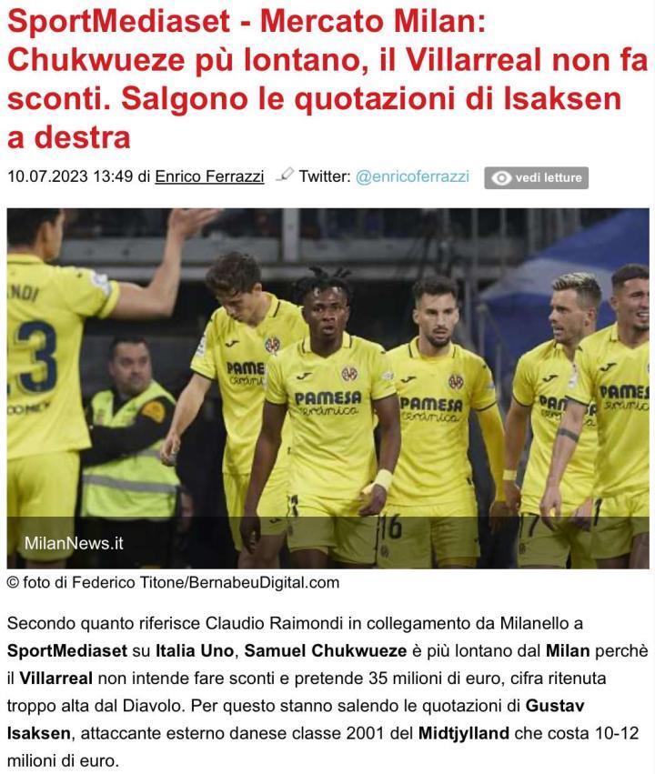 SportMediaset：丘库埃泽正在远离米兰
