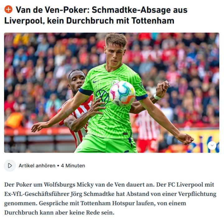 沃尔夫斯堡本地媒体AZ/WAZ的消息，利物浦确认