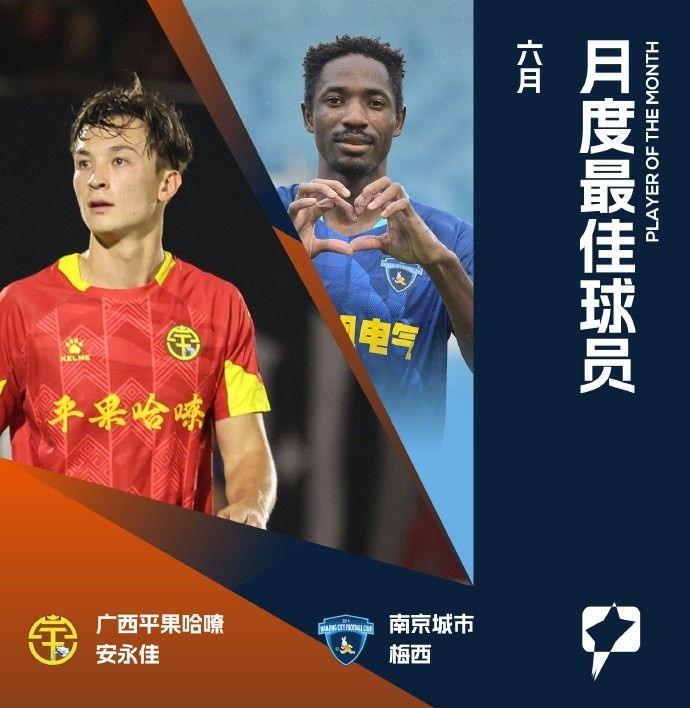 中甲联赛官方：安永佳&梅西-保利共同当选6月最佳球员