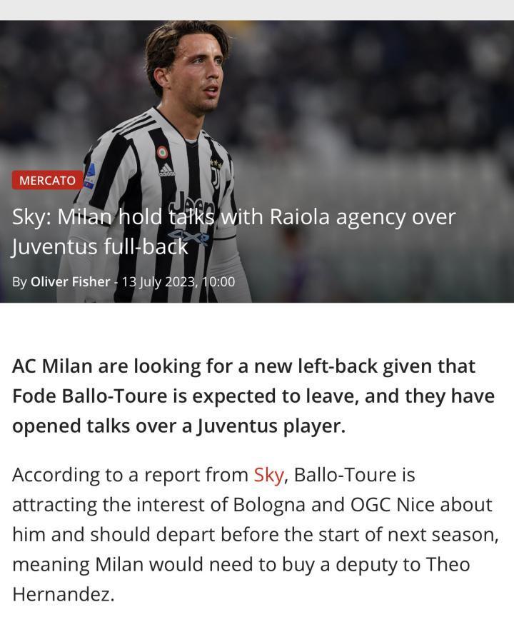 Sky：AC米兰与拉伊奥拉经纪公司就尤文图斯后卫