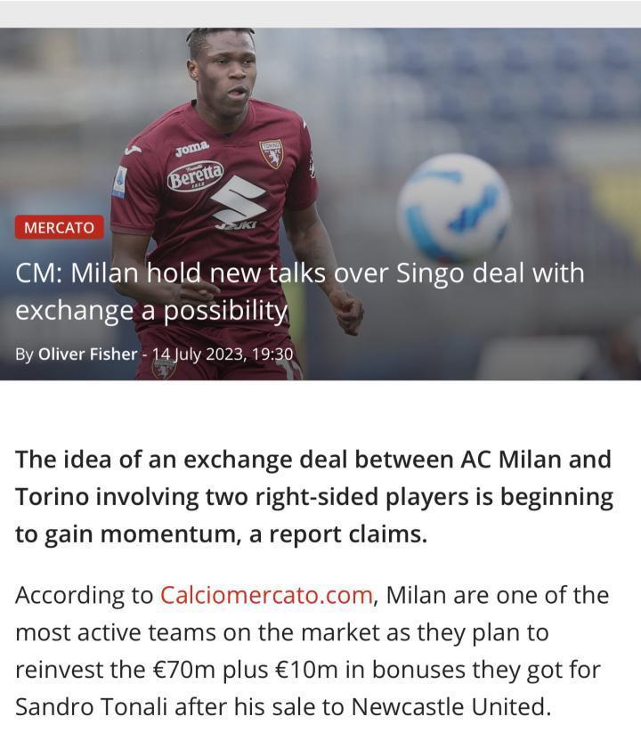 CM：米兰就辛戈交易进行新的谈判，并有可能进行交