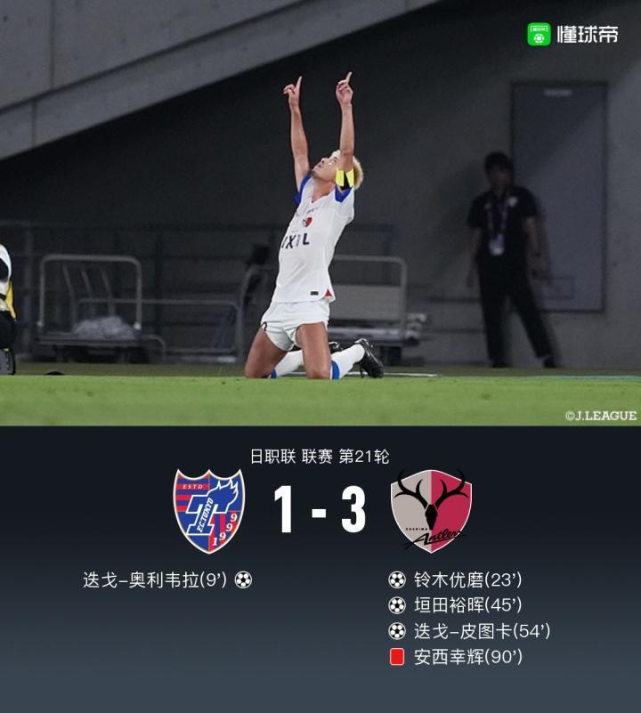 鹿岛鹿角客场3-1送FC东京换帅后首败，樋口雄太两传