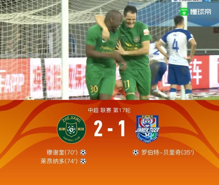 浙江2-1终结津门虎赛季不败，穆谢奎、莱昂纳多4分钟2球