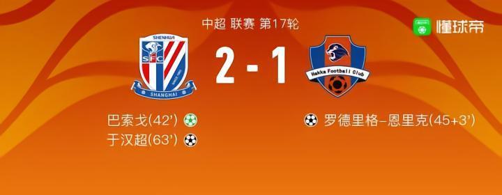 上海申花2-1梅州客家获胜，于汉超破门，巴索戈建功