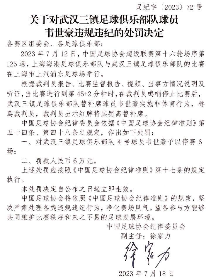 足协官方：韦世豪因辱骂裁判员被停赛6场，罚款6万元