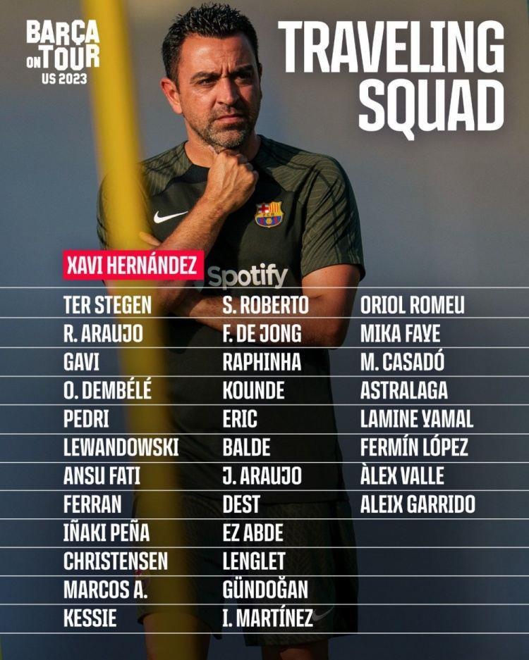 巴萨美国行名单：莱万、京多安、罗梅乌、伊尼戈-马丁内斯在列