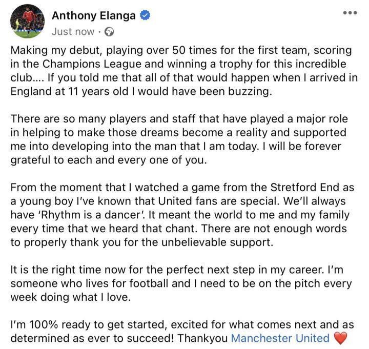 埃兰加：感谢曼联的每一个人，我会继续努力取得成功