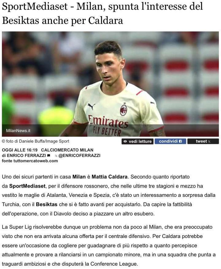 SportMediaset：贝西克塔斯也对米兰后