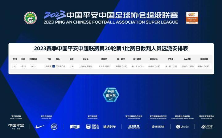 今日中超裁判：杜健鑫执法海港vs津门虎，黄翼担任VAR