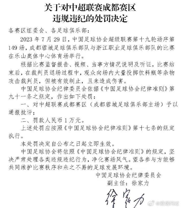 谁在为”关星“们买单？成都蓉城主场被罚&费利佩停赛3场