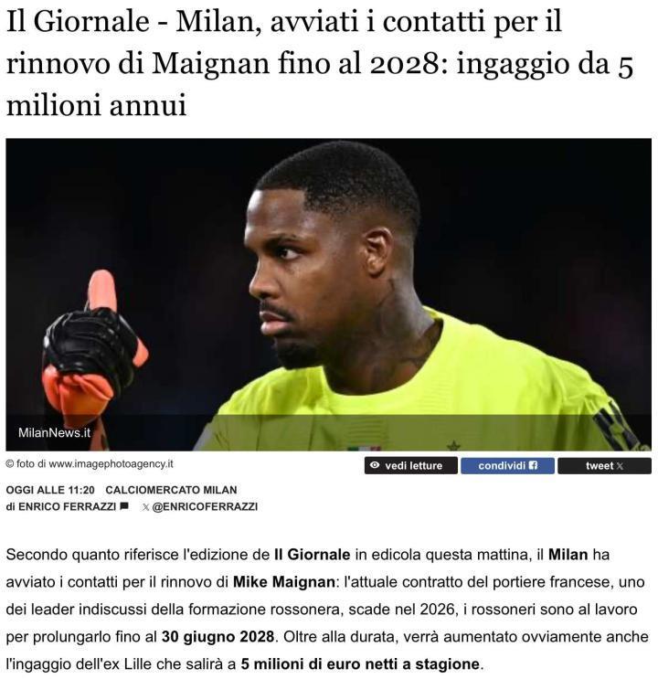 Il Giornale：米兰准备与迈尼昂续约至2
