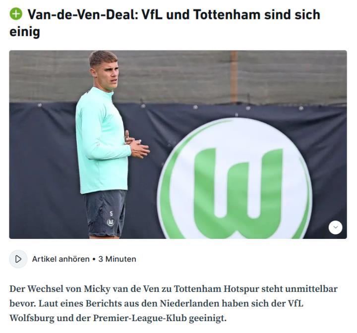 沃尔夫斯堡当地媒体AZ/WAZ的消息，范德芬计划
