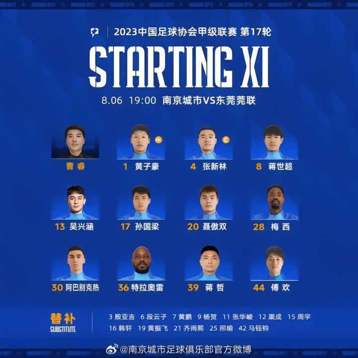 中甲：吴兴涵首秀！南京对阵东莞首发出炉，梅西特拉奥雷领衔