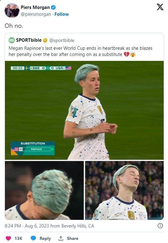 美国女足出局，英国名嘴摩根社媒嘲讽拉皮诺埃：Oh no
