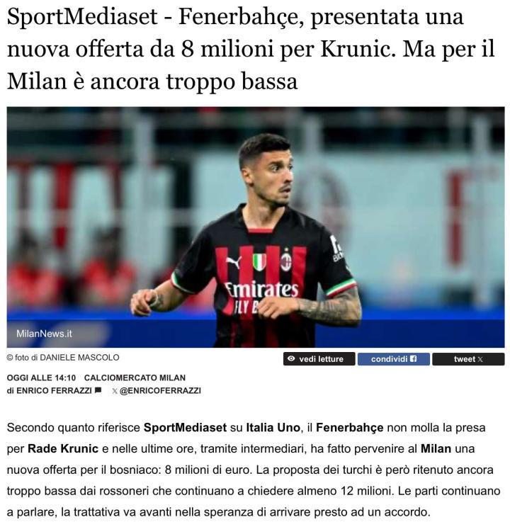 Sportmediaset：费内巴切8M报价克鲁
