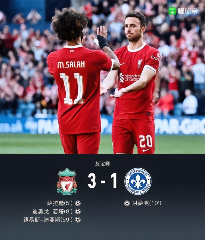 利物浦3-1达姆施塔特98，萨拉赫、若塔闪击，迪亚斯破门