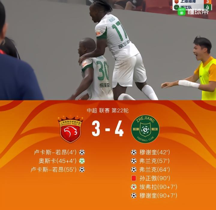 海港3-4不敌浙江，穆谢奎补射绝杀，若昂、弗兰克均双响