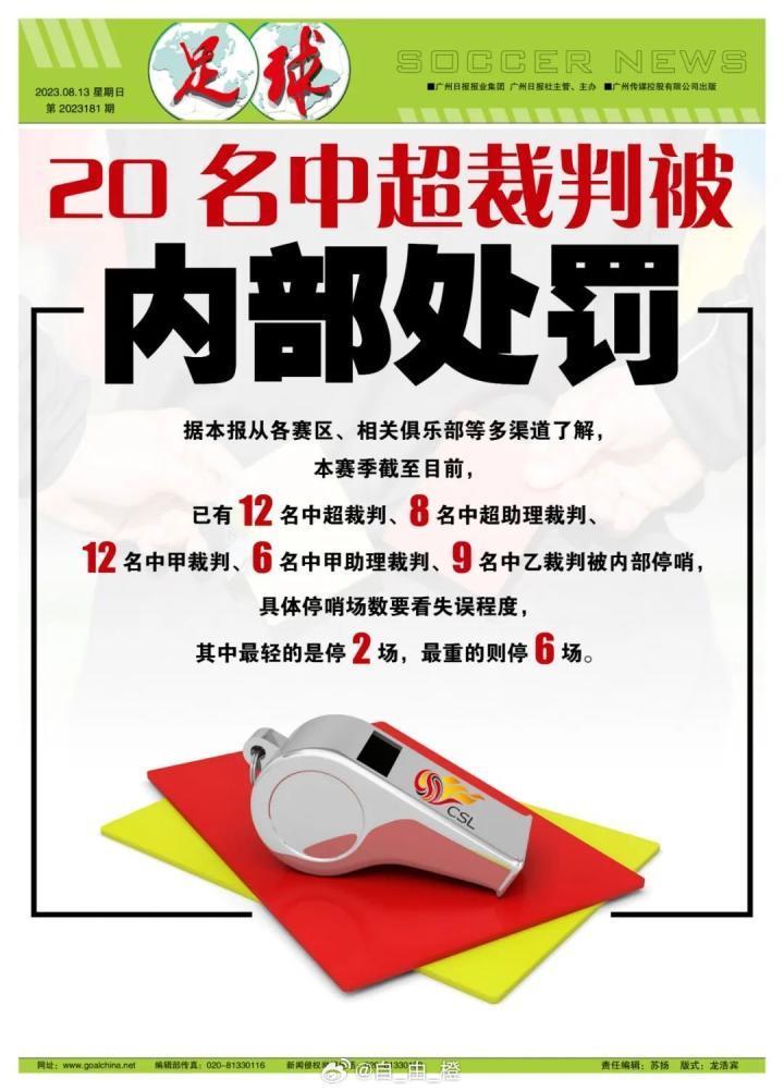 【《足球报》：中超裁判累计20人次停哨仍难服众，