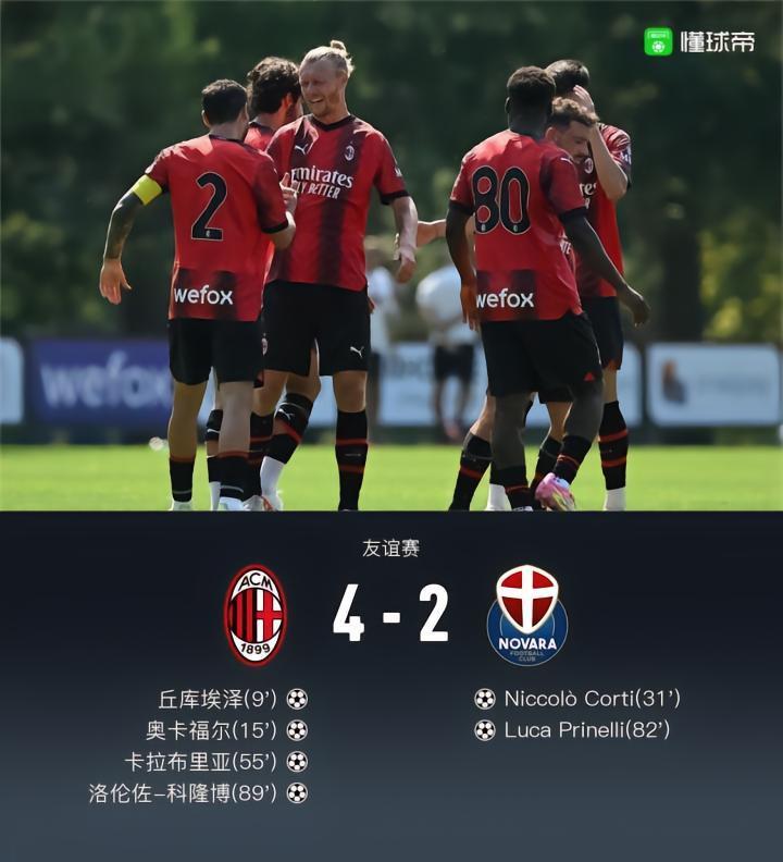 米兰4-2诺瓦拉，丘库埃泽、奥卡福尔破门，卡拉布里亚世界波
