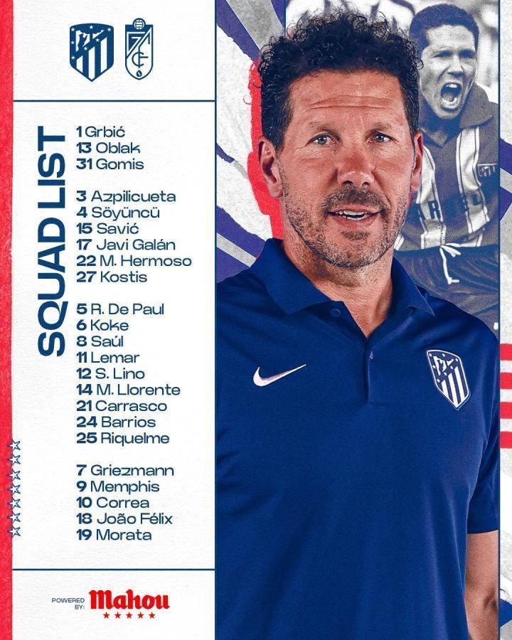 马竞西甲首轮大名单：格列兹曼领衔，菲利克斯、德佩在列