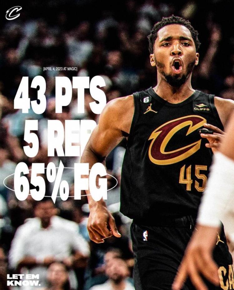 骑士官推：上赛季唯一连续4场40 球员——米切尔