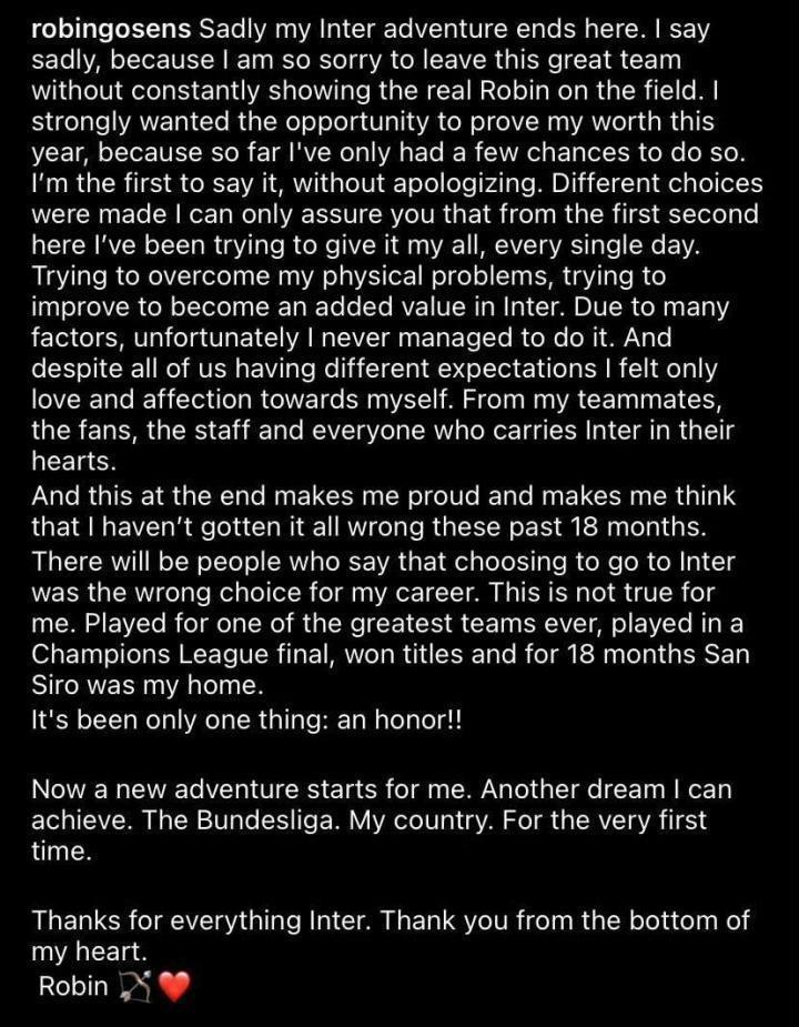 戈森斯Instagram发文深情告别国际米兰:很