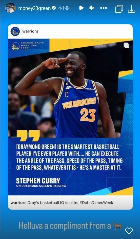 库里称自己为他合作过最聪明队友 追梦转发：来自的极大赞美