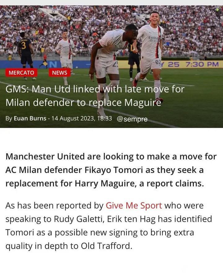 GMS：曼联正在寻求引进米兰后卫托莫里，但米兰无