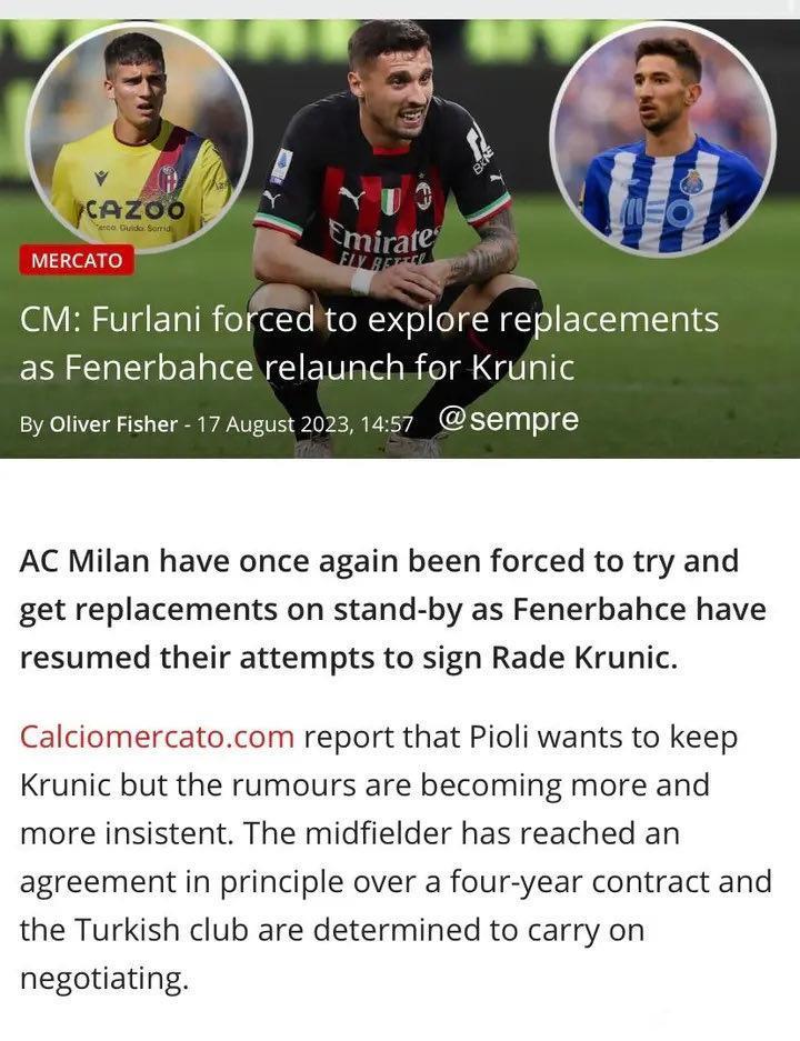 CM：费内巴切重启克鲁尼奇谈判，米兰再次被迫寻找