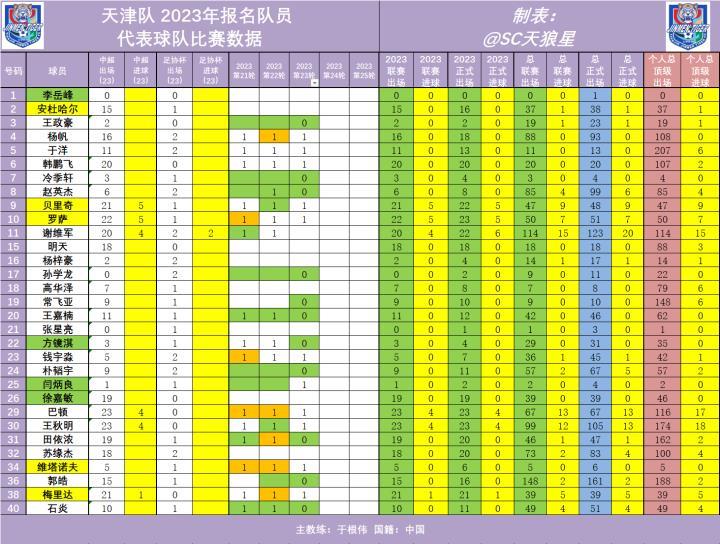 2023年中超 第23轮 天津津门虎队出场数据