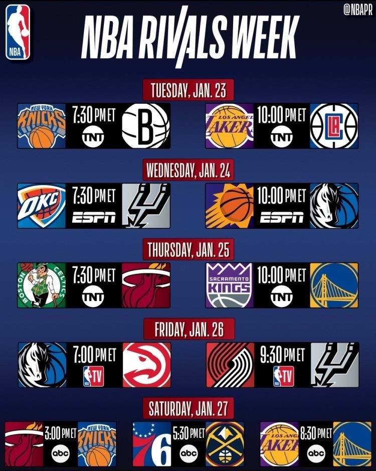 新赛季“竞争周”全美直播赛程：1月24日洛城德比 28日湖勇大战