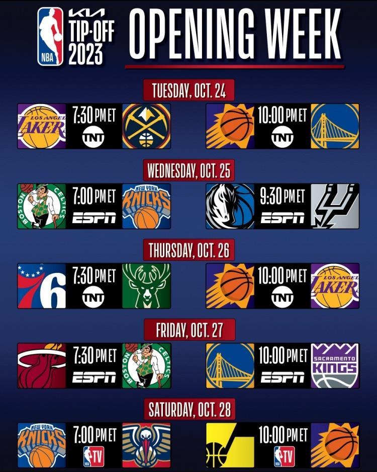 新赛季常规赛首周全美直播赛程：热火客战绿军 勇士客战国王