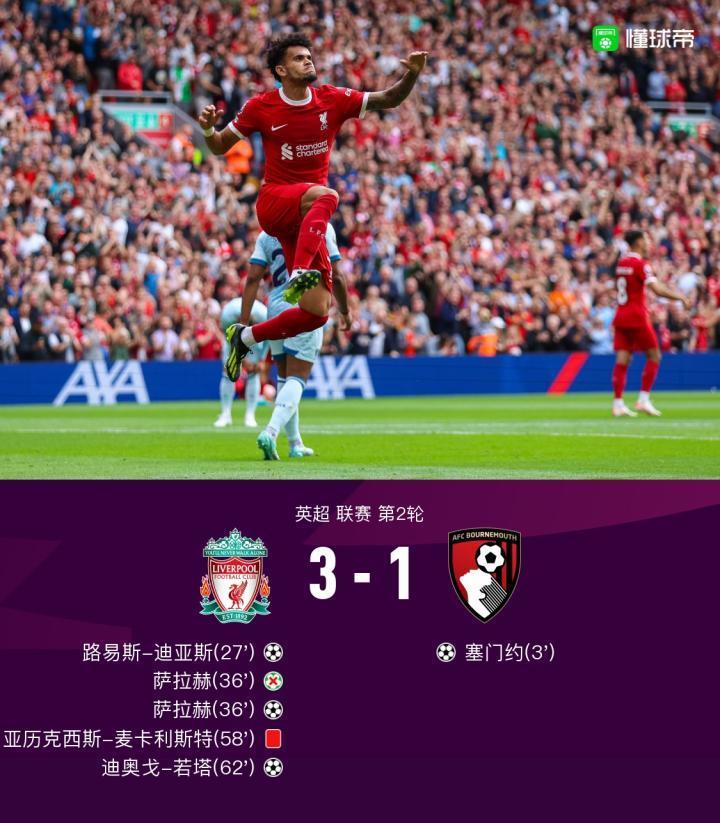 剑南春｜十人利物浦3-1伯恩茅斯，迪亚斯连场破门，若塔建功