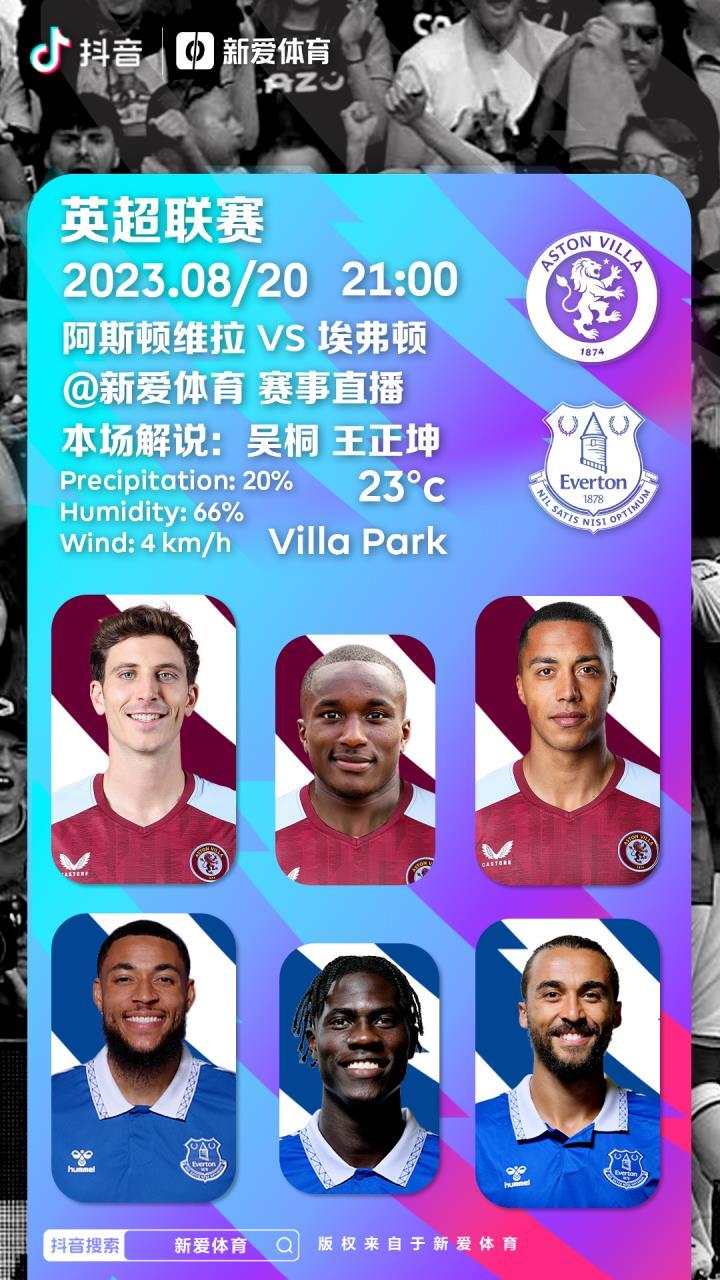 解说预告：20:45阿斯顿维拉vs埃弗顿 抖音新