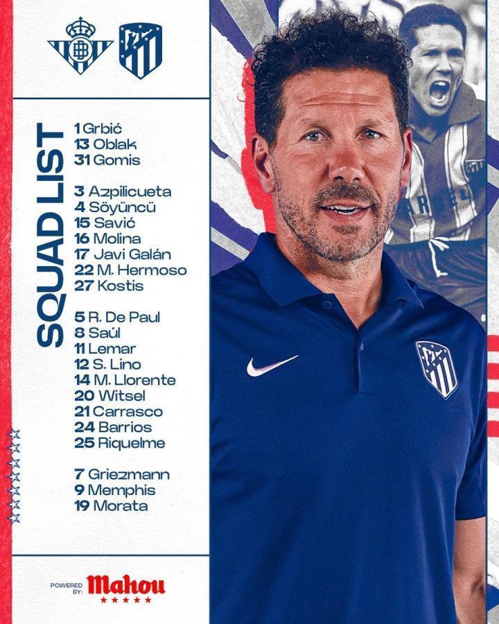 马竞客战贝蒂斯大名单：格列兹曼领衔，菲利克斯、科克缺席