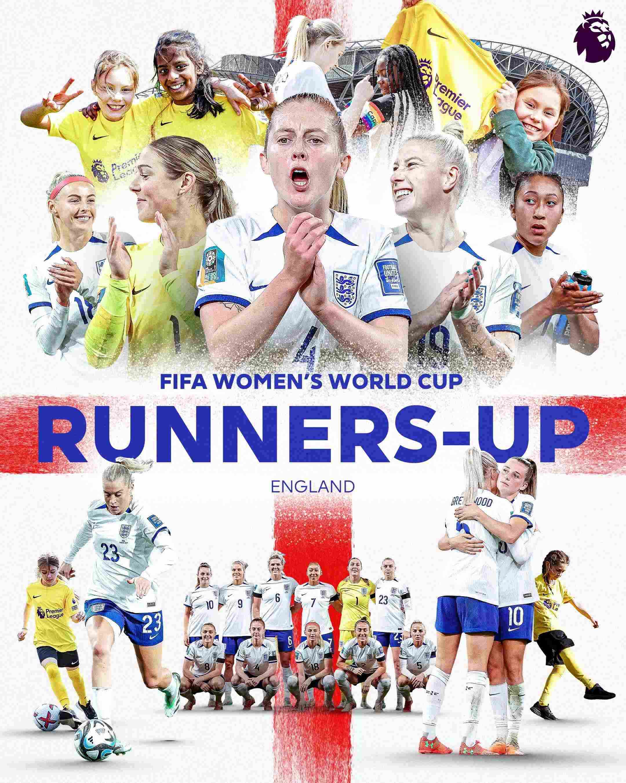 英格兰女足成为无冠的第5支世界杯亚军队，此外还有中国、巴西等4队