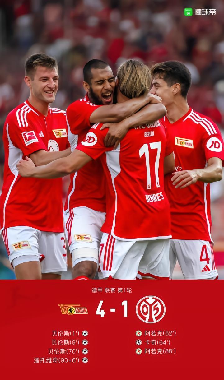 柏林联合4-1美因茨，贝伦斯戴帽，阿若克两度失点