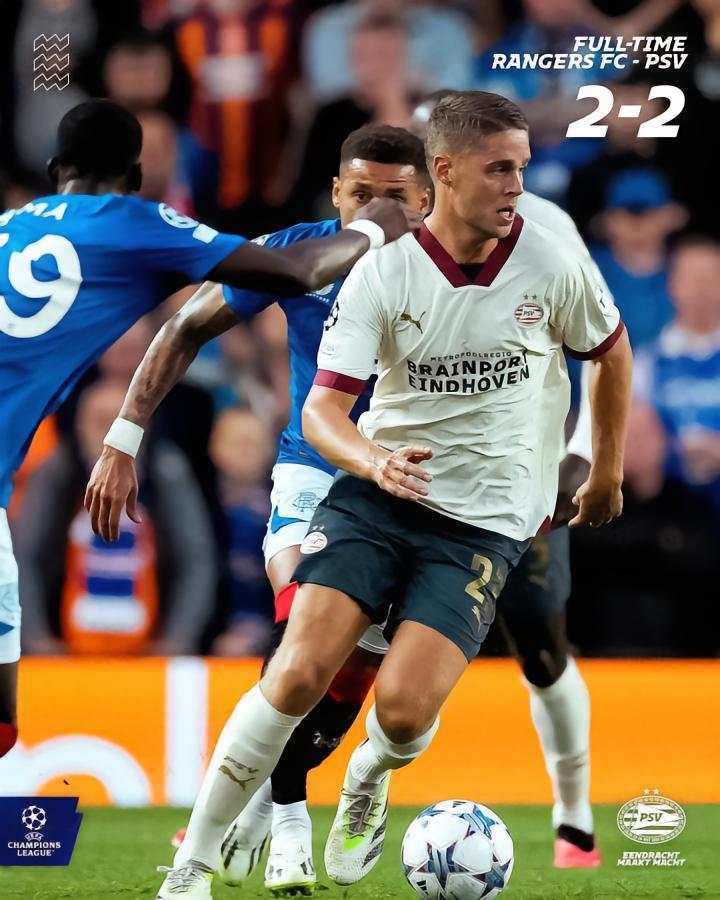 欧冠附加赛首回合：格拉斯哥流浪者 2-2 PSV