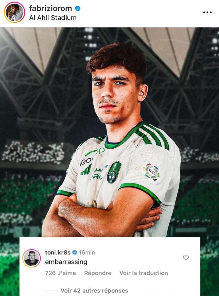 够直接，克罗斯评论贝加选择前往沙特踢球：令人尴尬