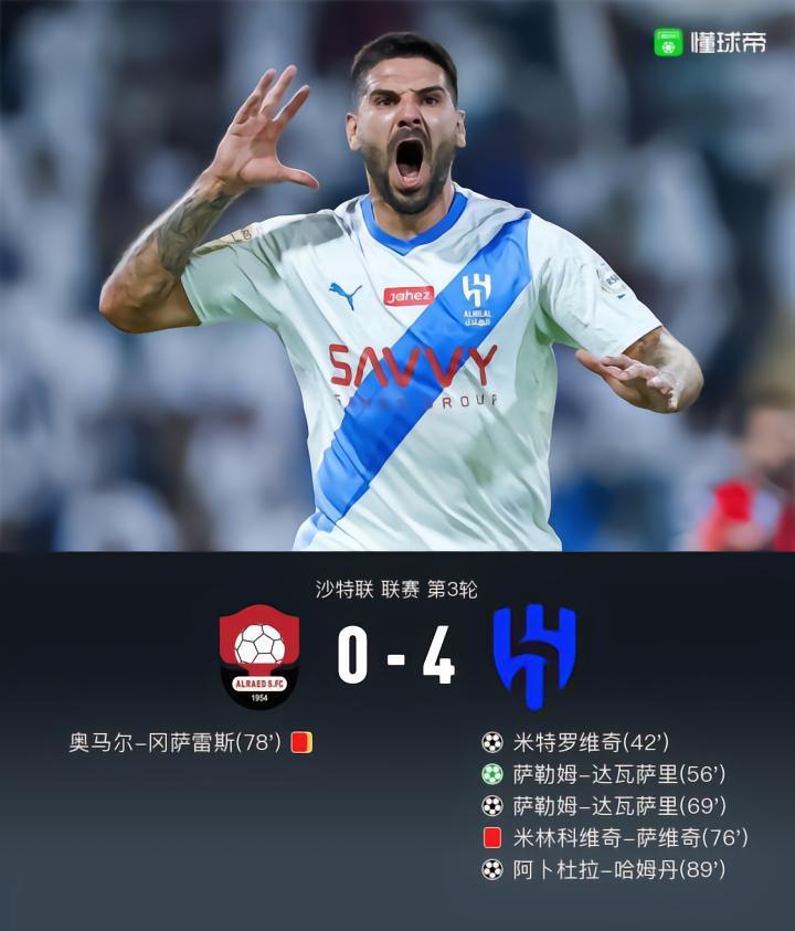 新月4-0布赖代先锋，米特罗维奇首球，米林头顶对手染红