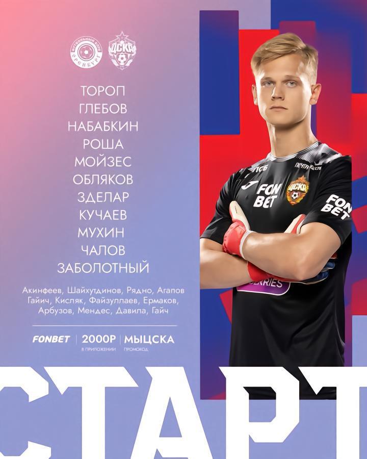 奥伦堡vs莫斯科中央陆军首发阵容：达维拉进替补席