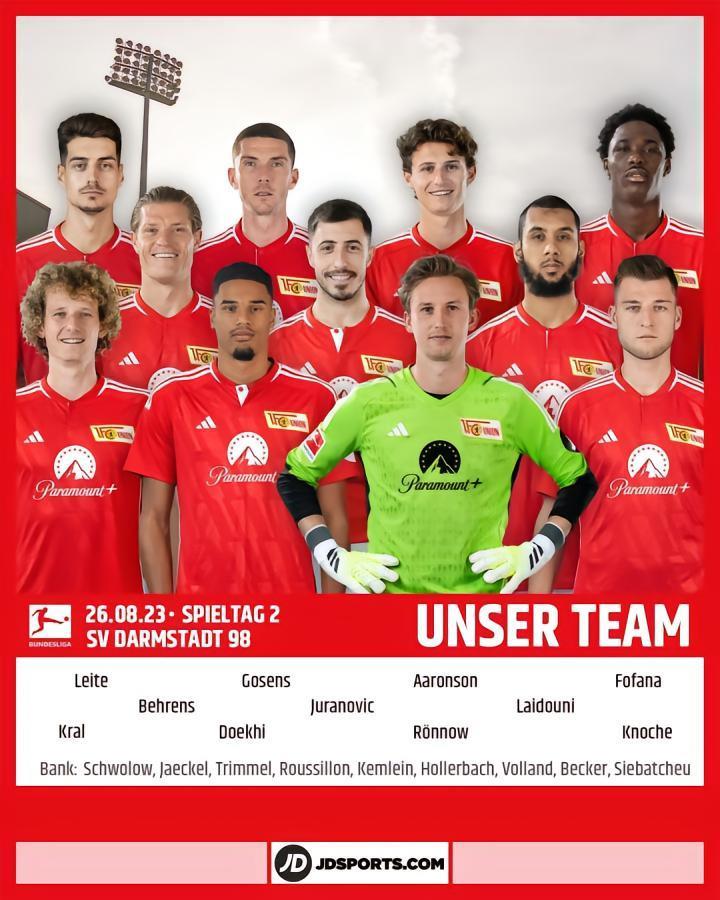 柏林联合对阵达姆施塔特首发：戈森斯、尤拉诺维奇首发出战