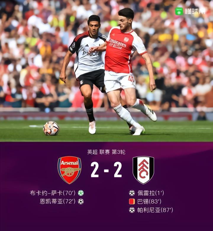 剑南春丨阿森纳2-2遭十人富勒姆绝平，维埃拉造2球，萨卡点射