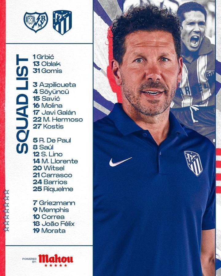 马竞联赛大名单：菲利克斯回归，格列兹曼在列，勒马尔缺席