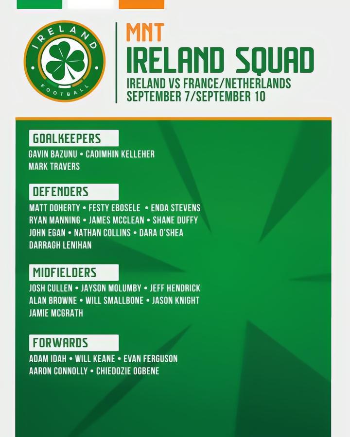 爱尔兰国家队大名单公布：守门员加文-巴祖努（南安