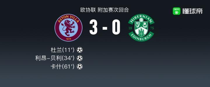 阿斯顿维拉总分8-0晋级欧协联正赛，卡什破门，利昂-贝利建功