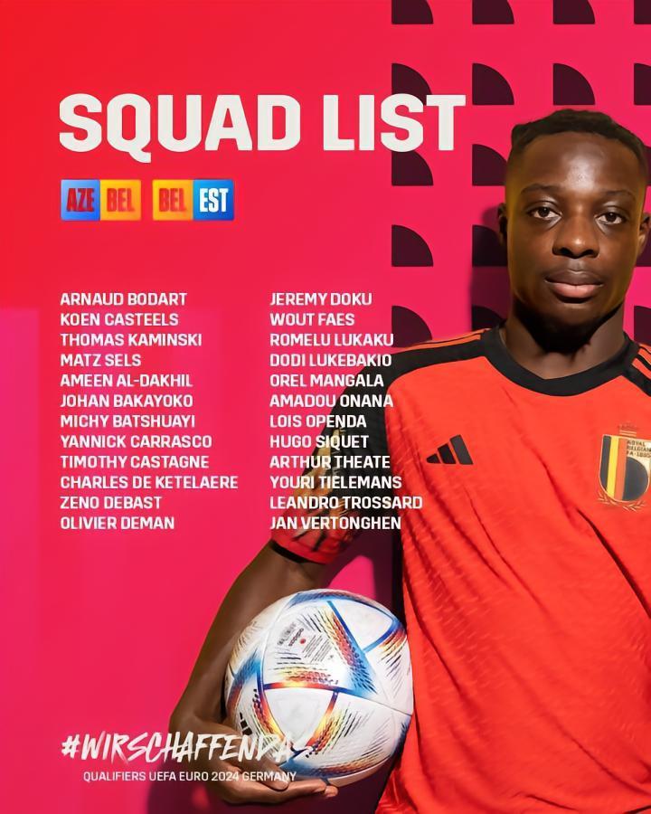 比利时国家队大名单：多库领衔，裤袜、丁丁因伤缺阵