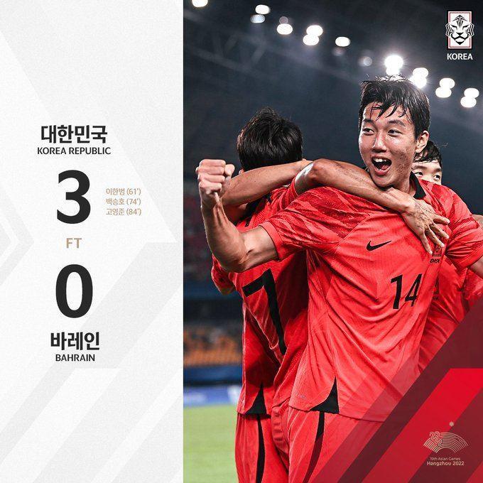 夺金即免兵役韩国亚运队3-0巴林第一出线，3战轰16球&0丢球