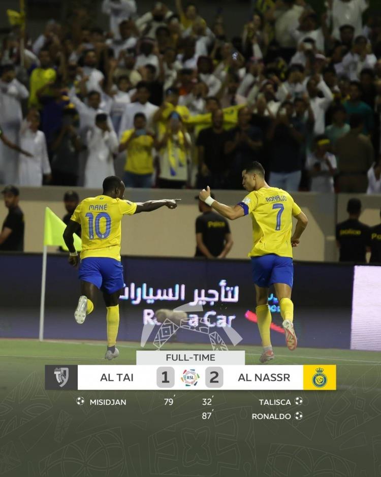 足球比分_沙特联-C罗传射&近6轮10球5助 利雅得胜利2-1塔伊取各赛事9连胜